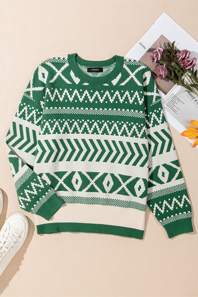 Women's Emerald Green Geometric Intarsia Knit Pullover