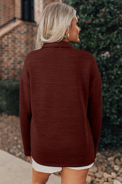 Stylish Women's Red Ribbed Knit Shacket with Button Front & Flap Pockets for Casual, Effortless Chic Look