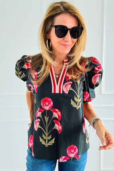 Women's Casual Elegance Black Floral Puff Sleeve Blouse with Striped Contrast - Chic V-Neck Top for Everyday Style