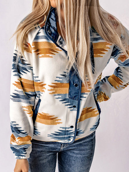 Aztec Patterned Snap Button Fleece Jacket