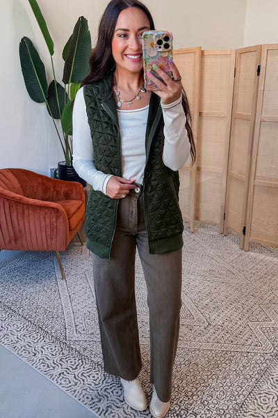 Stylish Women's Blackish Green Quilted Hooded Vest - Perfect Layering Piece for Cozy Fall and Winter Outfits