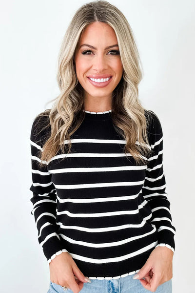 Chic Women's Black Striped Ribbed Knit Sweater with Contrast Trim - Cozy Round Neck Fit for Casual Everyday Style