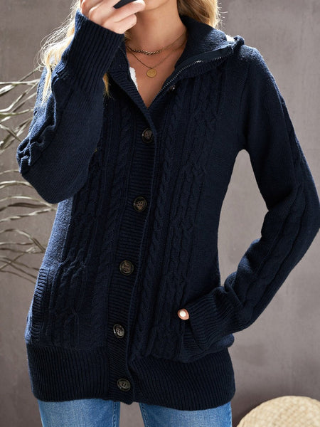 Navy Blue Cable Knit Faux Fur-Lined Hooded Sweater Coat