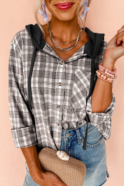 Trendy Women's Black Checkered Hooded Shacket - Loose Fit Button-Up Layer for Casual Chic Style