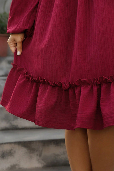 Plus Size Women's Red Dahlia V-Neck Midi Dress with Long Sleeves, Ruffle Hem & Shirred Detail for Effortless Elegance