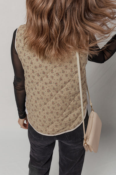 Stylish Women's Khaki Floral Quilted Vest with Concealed Buttons - Perfect Layering Piece for Spring & Summer Outfits
