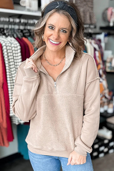 Cozy Women's Jet Stream Sherpa Patchwork Quarter Zip Pullover Sweatshirt - Stylish Layering Essential in Soft Colors