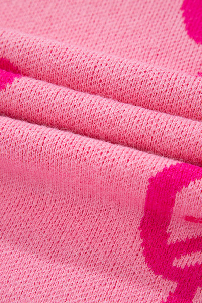 Women's Cozy Pink Bow Patterned Drop Shoulder Sweater - Relaxed Fit for Casual Comfort and Everyday Style