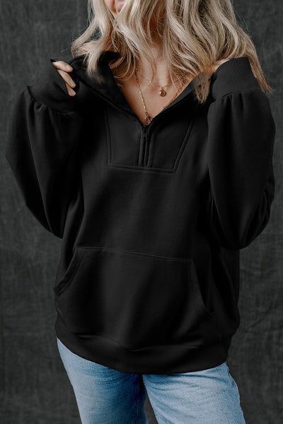 Cozy Women's Black Zip-Up Sweatshirt with Stand Collar & Kangaroo Pocket Stylish Everyday Essential for Comfort