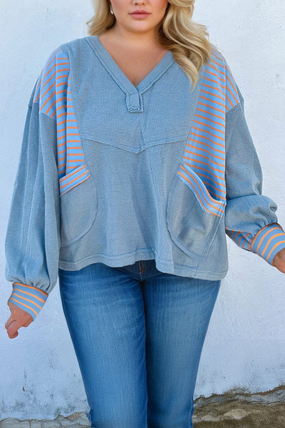 Plus Size Women's Dusk Blue V-Neck Waffle Top with Raw Seams, Striped Patchwork & Pockets for Effortless Style
