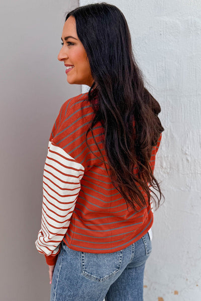 Women's Orange Stripe Contrast Sleeve Sweatshirt - Trendy Drop Shoulder Long Sleeve Top for Casual Comfort