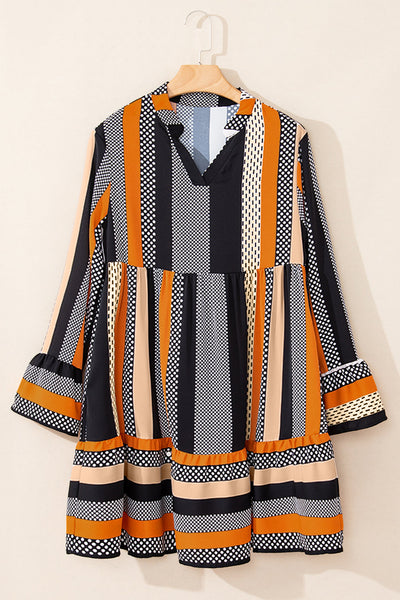 Chic Women's Black Striped Polka Dot Mini Dress with Ruffled Hem and V-Neck for Trendy Summer Style