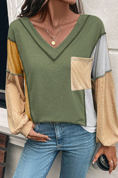 Women's Jungle Green Colorblock V-Neck Long Sleeve Top - Trendy Casual Fit with Exposed Stitching for Effortless Style