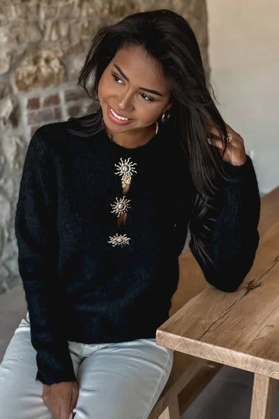 Cozy Women's Black Solar Button Neck Sweater - Chic Casual Style for Effortless Everyday Comfort