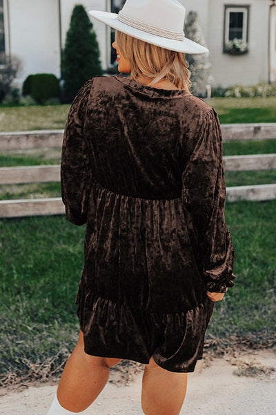Chic Plus Size Women's Coffee Velvet Babydoll Mini Dress with Puff Sleeves - Stylish & Comfortable Evening Outfit