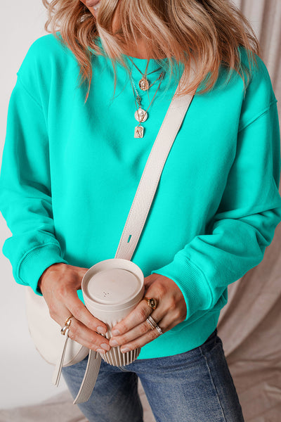 Cozy Women's Aruba Blue Fleece-Lined Drop Shoulder Sweatshirt - Stylish Terry Pullover for Casual Comfort