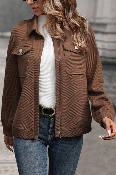 Women's Textured Coffee Zip-Up Shacket with Flap Pockets
