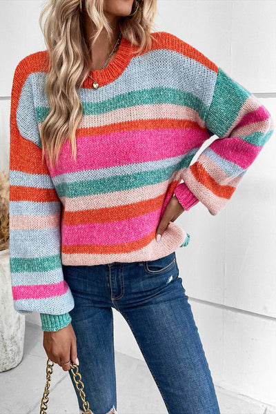 Cozy Women's Multicolor Striped Knit Sweater with Drop Shoulders and Puff Sleeves - Chic Casual Style for All Seasons
