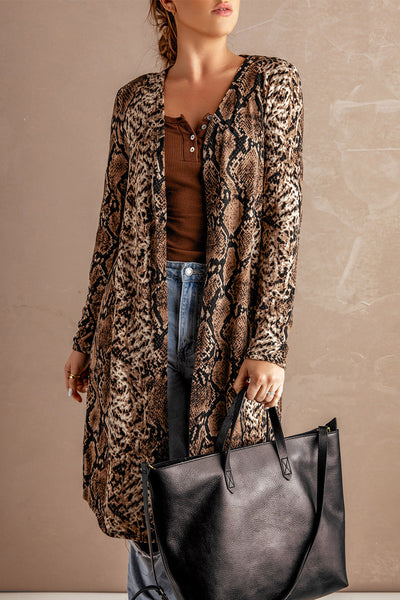 Women's Brown Snake Print Longline Slim Blazer with Lapel