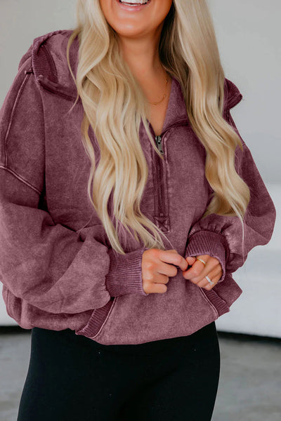 Cozy Women's Wild Ginger Mineral Wash Baggy Hoodie with Half Zip and Kangaroo Pocket for Casual Comfort