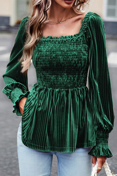 Women's Smocked Ribbed Velvet Babydoll Top in Blackish Green - Chic and Comfortable for Effortless Everyday Style