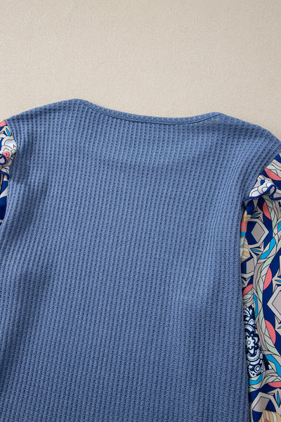 Women's Casual Chic Blue Floral Ruffled Sleeve Blouse - Stylish Patchwork Waffle Knit Top for Effortless Elegance