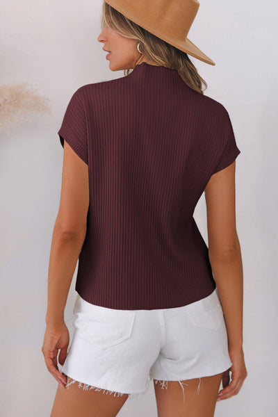 Women's Mineral Red Ribbed Knit Short Sleeve Sweater with Patch Pockets - Stylish and Comfortable Casual Top