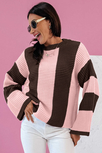 Women's Vertical Stripe Cotton-Blend Thermal Sweater in Chocolate