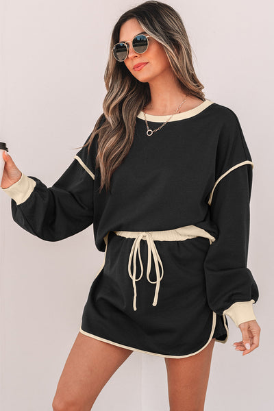 Stylish Women's Black Contrast Pullover & Lace-Up Waist Skort Set for Effortless Casual Elegance and Comfortable Fit