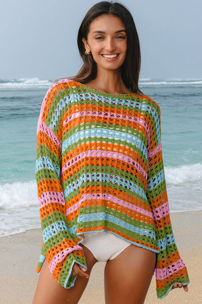 Stylish Women's Lightweight Multi-Stripe Open Knit Sweater Cover-Up for Comfortable Beach Days