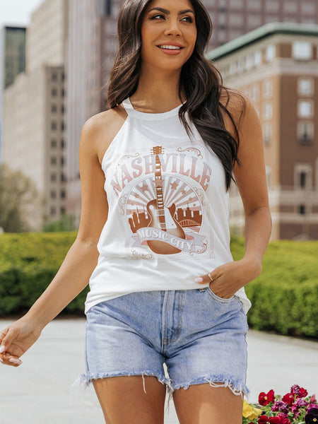 Nashville Melody Guitar Print Sleeveless Top