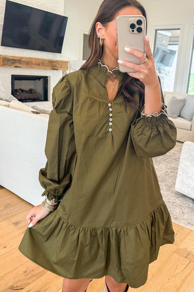 Women's Jungle Green Ruffled Collar Mini Dress with Button Placket - Flattering Casual & Party Style for Every Occasion