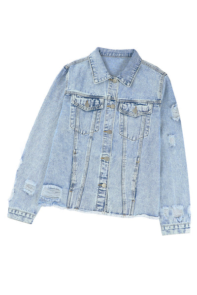 Women's Sky Blue Lapel Distressed Raw Hem Buttons Denim Jacket