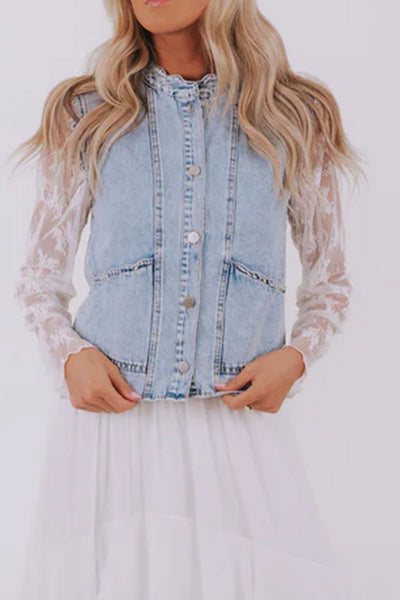 women's stylish women's beau blue denim vest with scalloped trim and patch pockets - perfect button-up for casual summer looks with practical styling