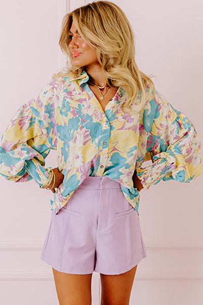 Chic Women's Oversized Yellow Floral Shirt with Shirred Cuffs for Effortless, Relaxed Style and Comfort