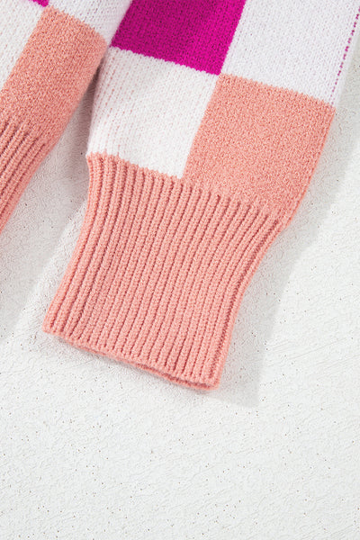 Cozy Pink Checkered Ribbed Sweater for Women - Effortless Casual Knit with Drop Shoulders for Ultimate Comfort