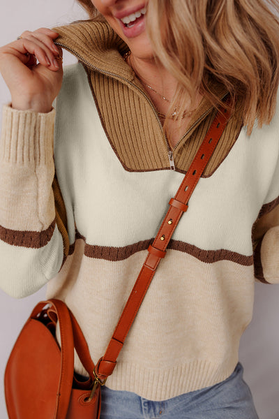 Cozy Women's Colorblock Pullover Sweater in Parchment with Zipped Collar - Perfect for Casual Chic Style