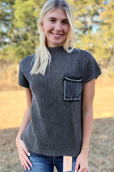 Women's Relaxed Fit Black Ribbed Knit Sweater with Patched Pocket - Casual Short Sleeve Mineral Wash Top