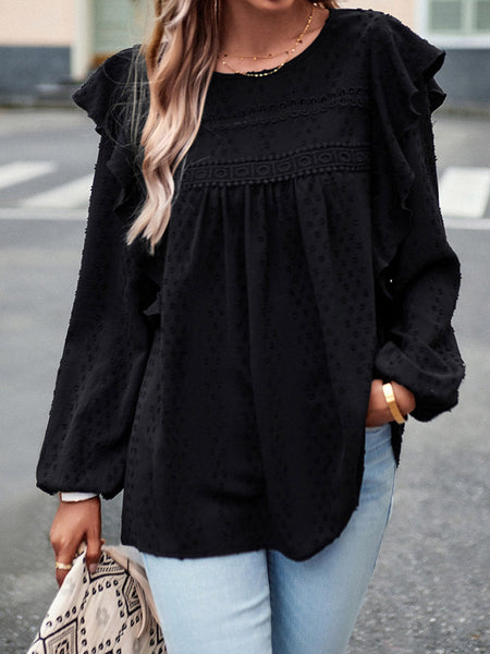 Elegant Black Lace Eyelet Ruffle Sleeve Blouse for Fall