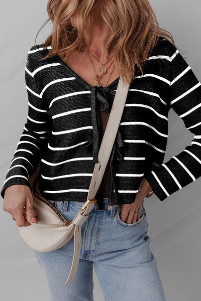 Cozy Women's Black Striped V-Neck Cardigan Sweater with Tie Front - Effortless Layering for Chic Fall Style