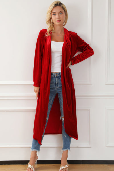 Fiery Crimson Velvet Open Front Long Duster with Pockets