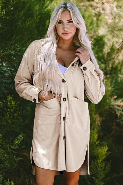 Trendy Women's Oversized Beige Hooded Corduroy Shacket - Cozy Layering Jacket with Stylish Contrast Design