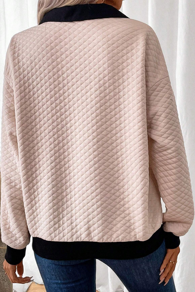 Cozy Women's Oatmeal Colorblock Sweatshirt with Buttoned Collar - Chic Fall Top for Effortless Casual Style