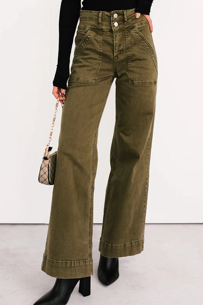 Women's Jungle Green Wide Leg Mica Denim Jeans - Effortlessly Chic Casual Fit for Everyday Style and Comfort