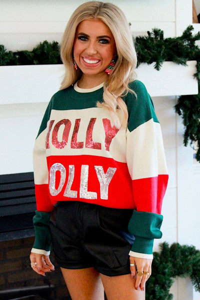 Festive Women's Green Sequined Crew Neck Sweater - HOLLY JOLLY Color Block Design for Style and Cozy Comfort