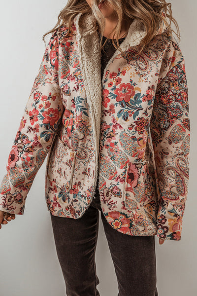 Women's Cozy Beige Vintage Paisley Floral Hooded Jacket with Sherpa Lining for Chic Winter Warmth