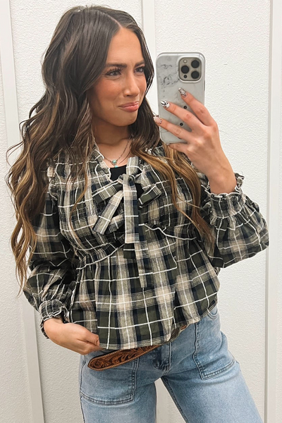 Stylish Women's Black Plaid Blouse with Ruffle Trim and Front Tie - Comfortable Everyday Top for Effortless Chic