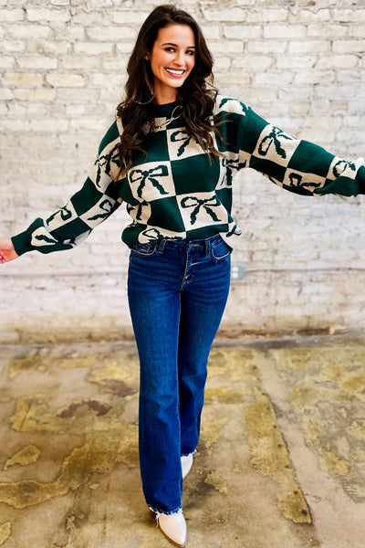 Women's Checkered Bow Knit Sweater in Hunter Green made for easy styling and wardrobe coordination, with premium-like structure and finish.