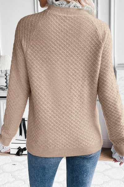 Beige Lace Trim Raglan Sleeve Sweater for Women - Elegant Frill Design for Comfort and Chic Style