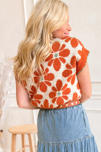 Trendy Women's Orange Floral Knit Sweater - Short Sleeve, Comfortable Fit for Casual Spring and Summer Outings